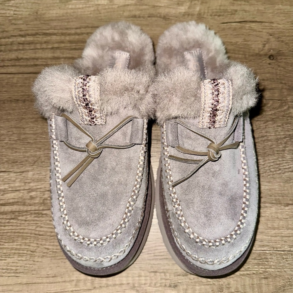 UGG Women's Suede Shearling Moccasin Slippers in Light Taupe - Picture 3 of 6